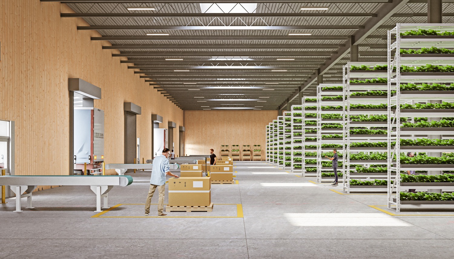 A 3d rendering of a large warehouse building with metal framing and wood timbers walls.