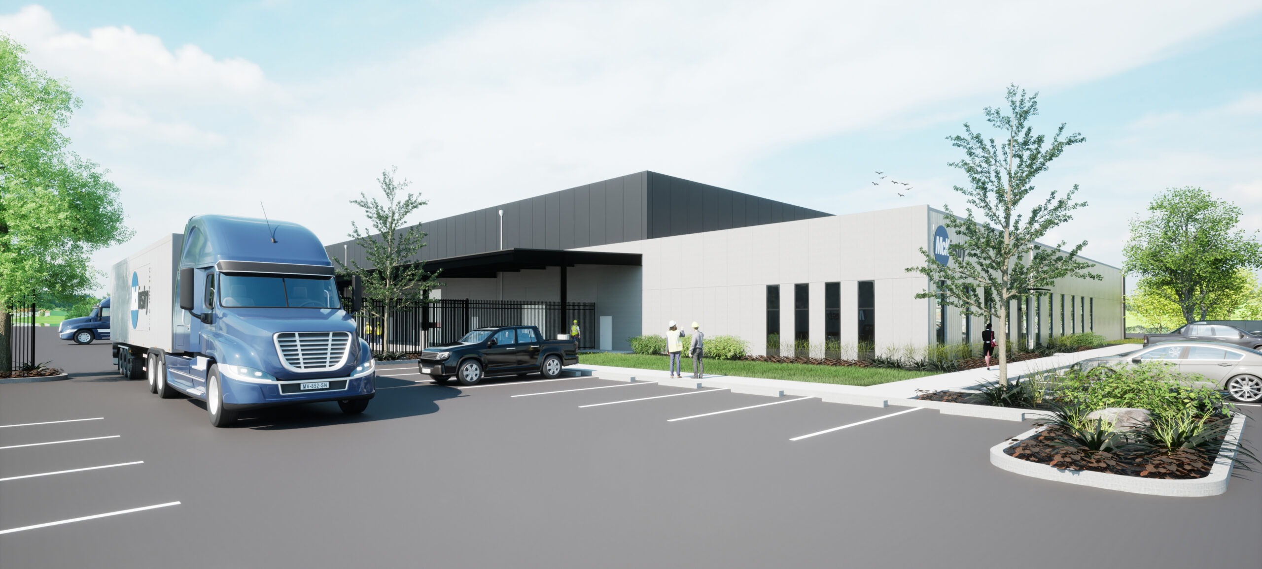 A 3d rendering of a warehouse building for a company named McKinstry.