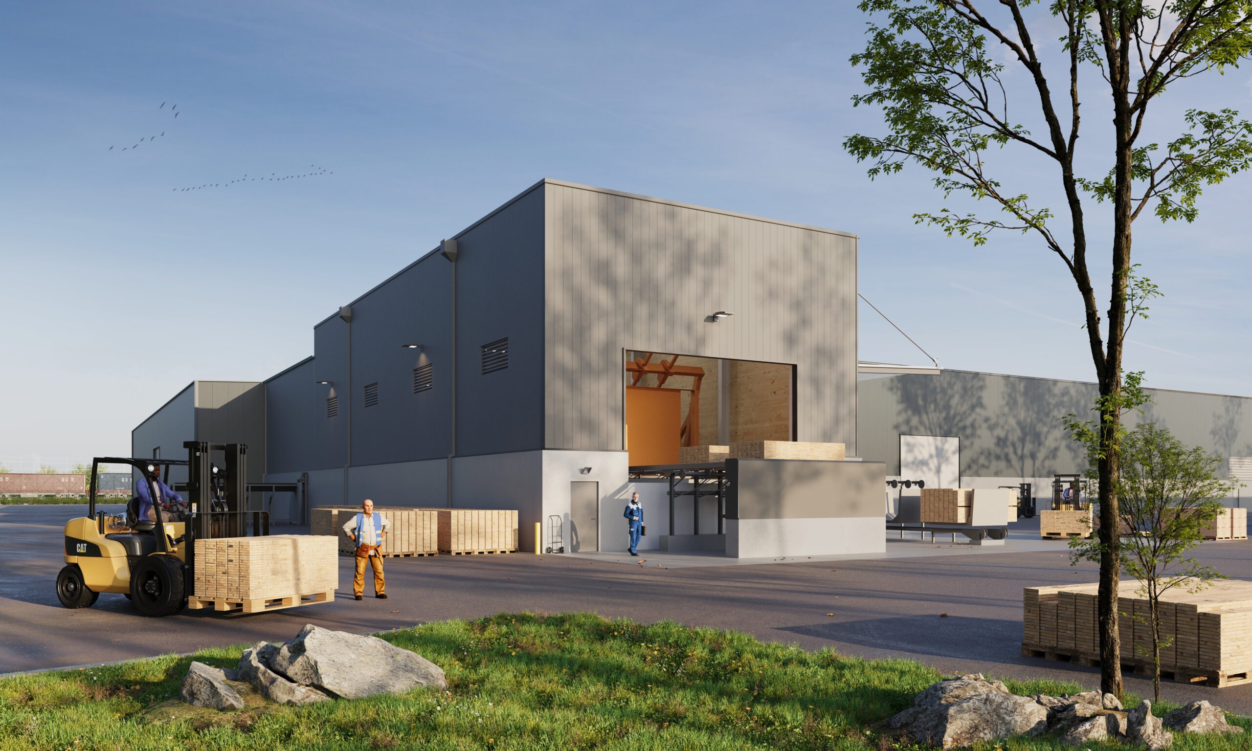 A 3d rendering of warehouse building from the outside. A person driving a forklift and other people walking around the parking lot.